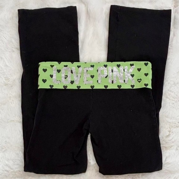 victoria's secret pink yoga fold over flare pants green hearts - Picture 4 of 8